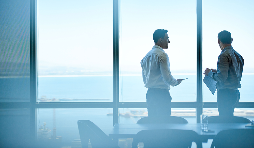 Business partners discussing growth by a waterfront window